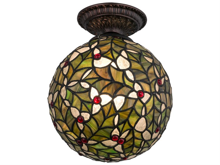 Meyda Victorian 1-Light Brown Tiffany Geometric Round Semi Flush Mount