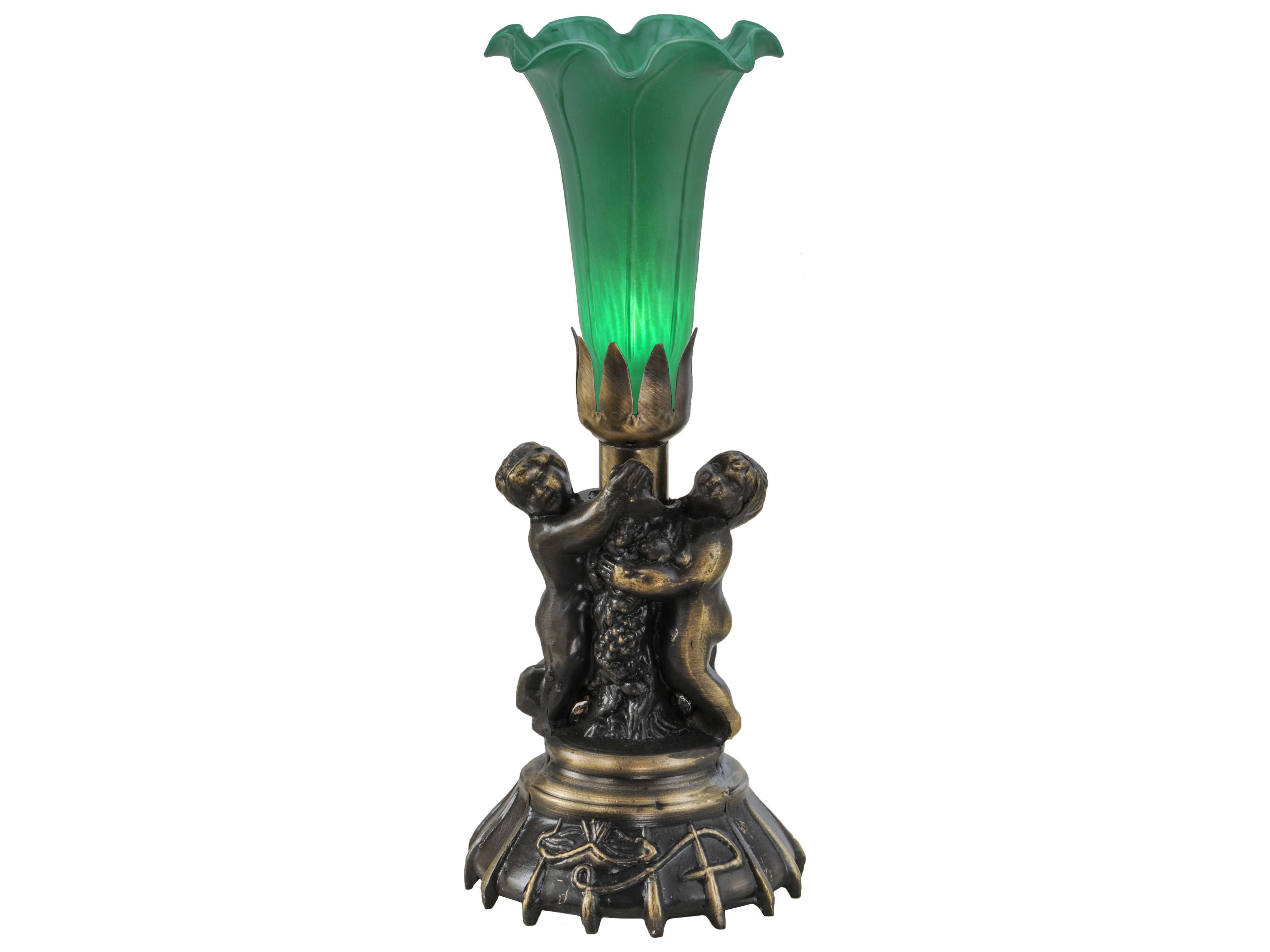 Meyda Tiffany Twin Cherub Pond Lily Green Mini Table Lamp 11026