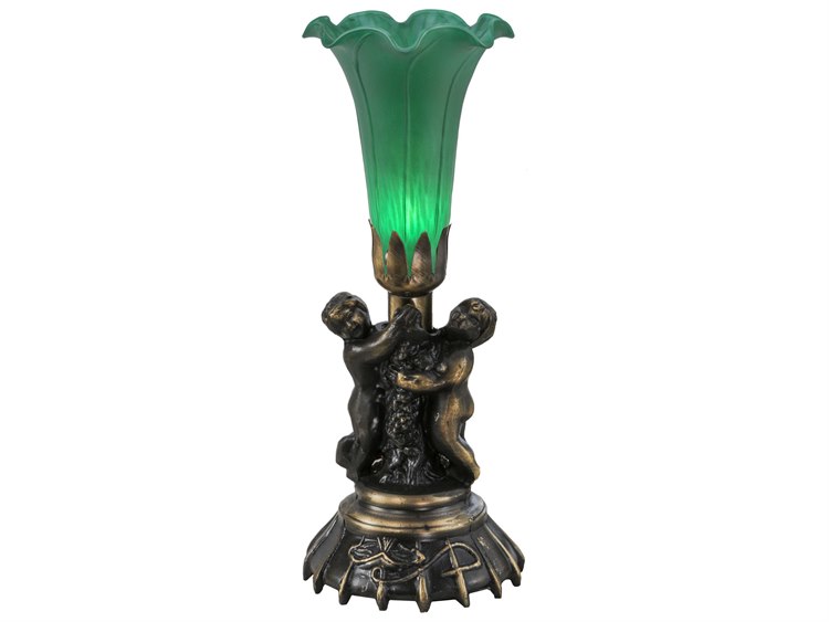 Meyda Twin Cherub Pond Lily Green Mini Glass Table Lamp