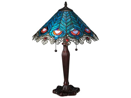 Meyda Peacock Feather Lace Blue & Green Bronze Tiffany Table Lamp
