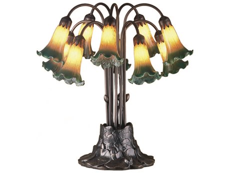 Meyda Pond Lily Amber & Green Brown Tiffany Table Lamp