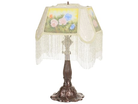 Meyda Reverse Painted Roses Fabric with Fringe Accent Red Table Lamp