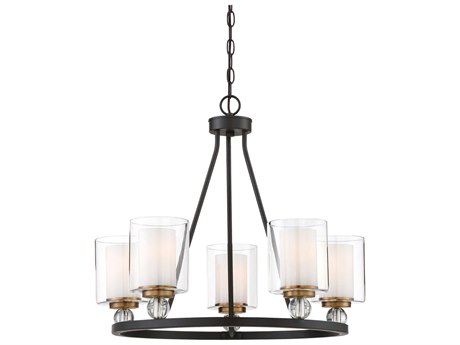 Minka Lavery Studio 5 5-Light Painted Bronze Natural Brushed Brass Glass Cylinder Chandelier