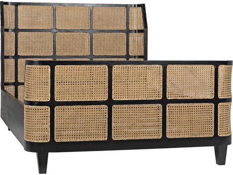 Noir Hand Rubbed Black Caning Brown Mahogany Wood Queen Panel Bed