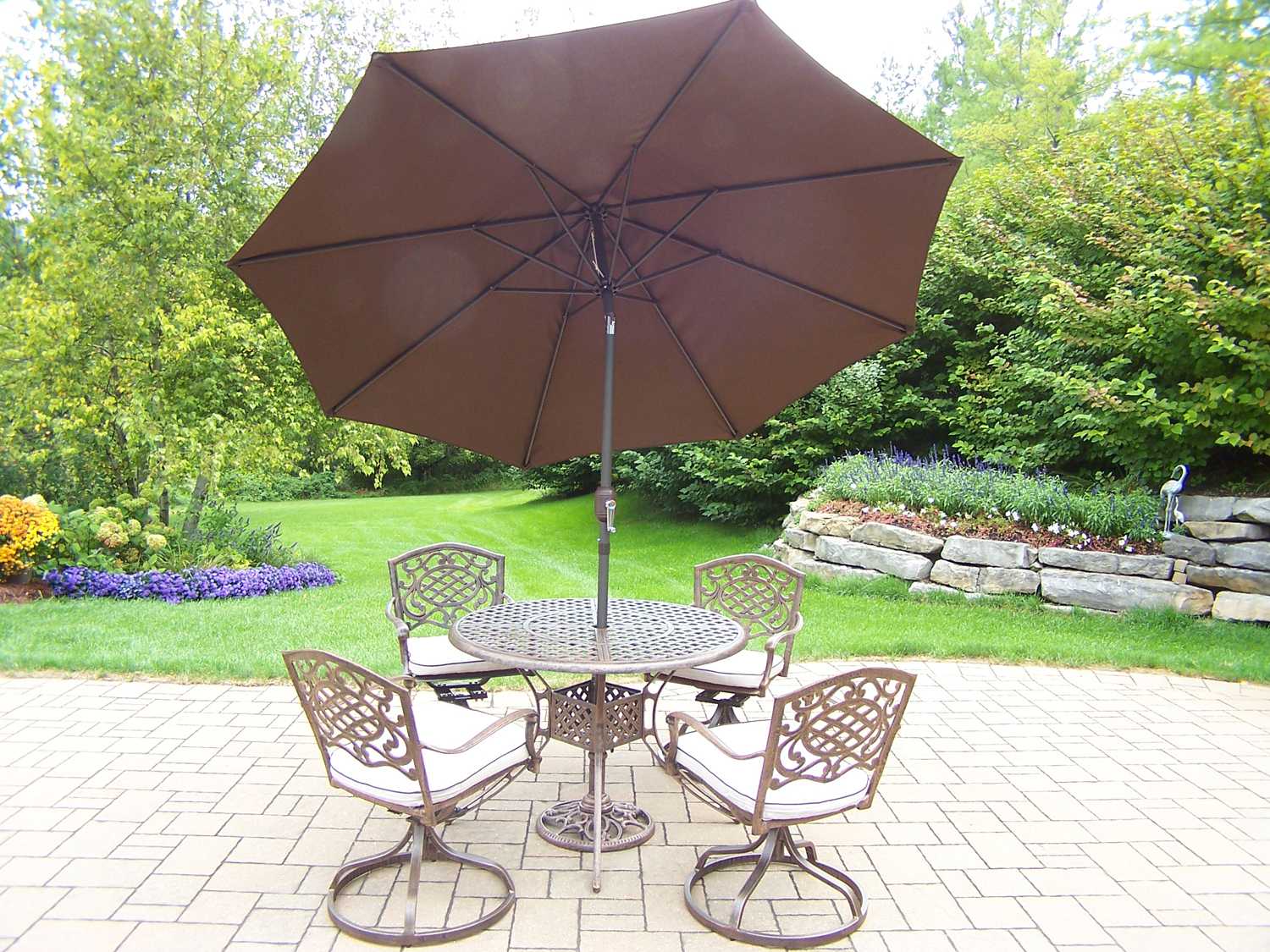 Oakland Living Elite Mississippi Aluminum 7 Pc Dining Set With Cushions And Umbrella Ol1102t2104s4om4005bn410111ab