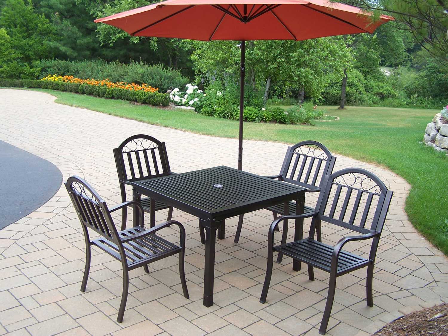 Oakland Living Rochester Wrought Iron 6 Pc Dining Set With Umbrella Ol613538304110bo6hb