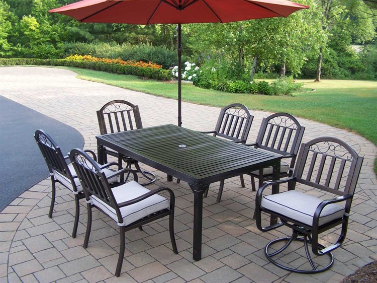 Oakland Living Rochester Wrought Iron 6 Pc Dining Set With Cushions And Umbrella 6137 3830 6128 4110 Bo 14 Hb