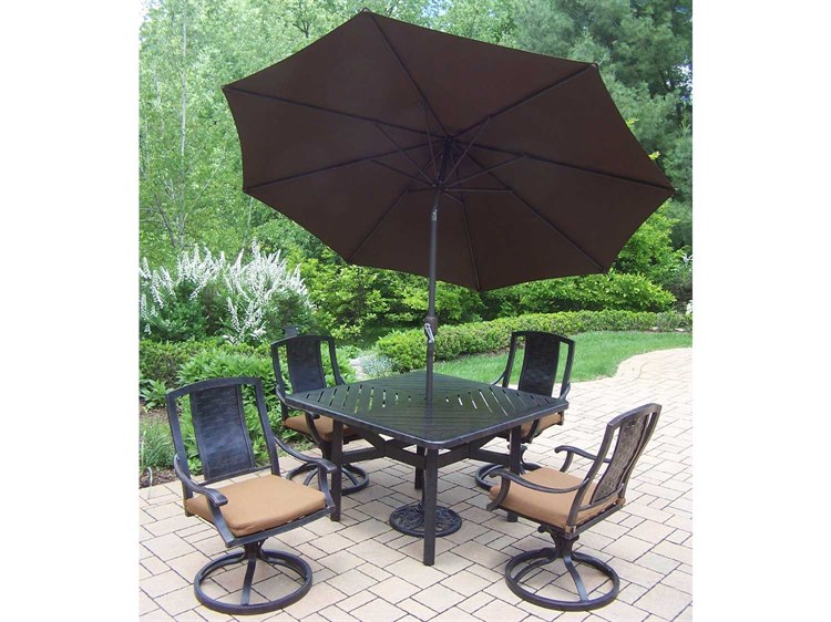 Oakland Living Vanguard Aluminum 7 Piece Swivel Rocker Dining Set With Umbrella 7817t 7816s4 D54 4005bn 4101 11 Mc