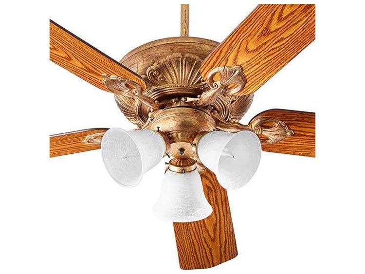 Quorum International Chateaux Uni Pack Vintage Gold Leaf With White Linen Glass Three Light 60 Wide Indoor Ceiling Fan