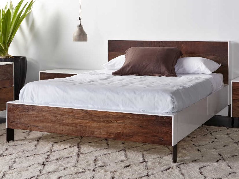 Sonder Distribution Cardosa White Acrylic Lacquered And Natural Brown Reclaimed Peroba Wood Queen Size Platform Bed