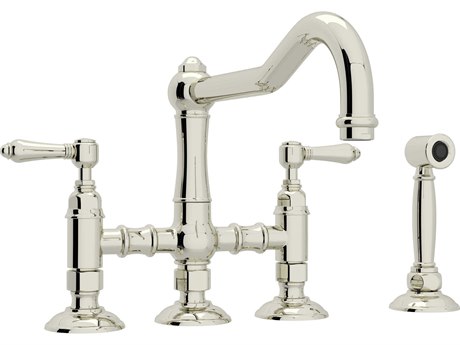 Rohl Acqui Polished Nickel Deck Mount Column Spout Bridge Kitchen Faucet with Sidespray with Lever Handles