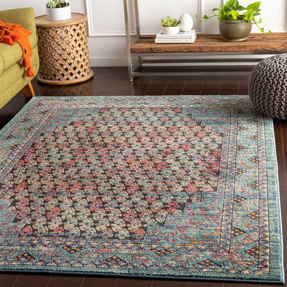 Surya Herati Bright Blue Aqua Dark Red Pink Rust Orange Green - Black White Pink And Blue Rug Surya Herati Bright Blue Aqua Dark Red Pink Rust Orange Green - Black White Pink And Blue Rug