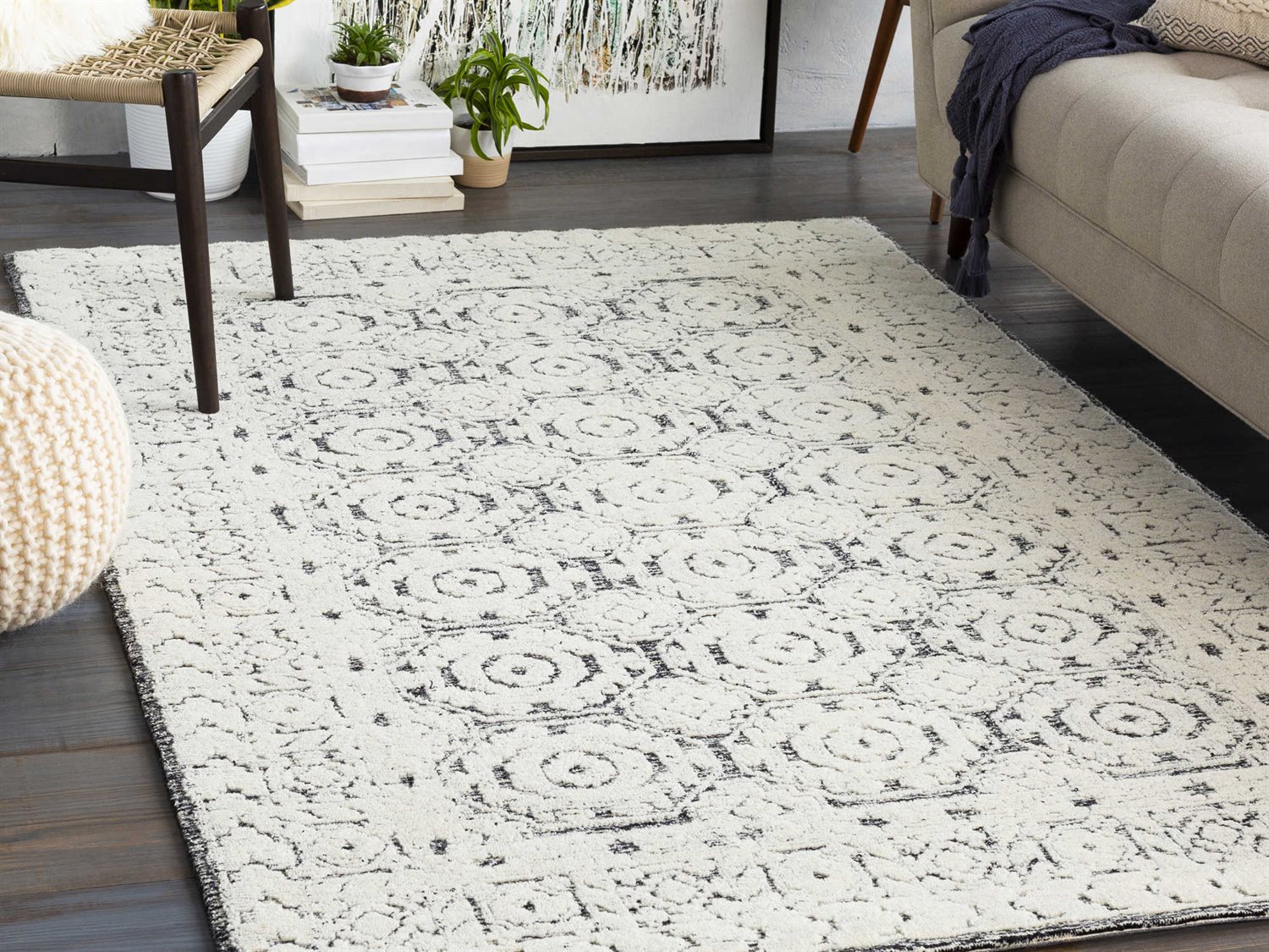 Surya Louvre Black Ivory Cream Rectangular Area Rug Sylou2303rec