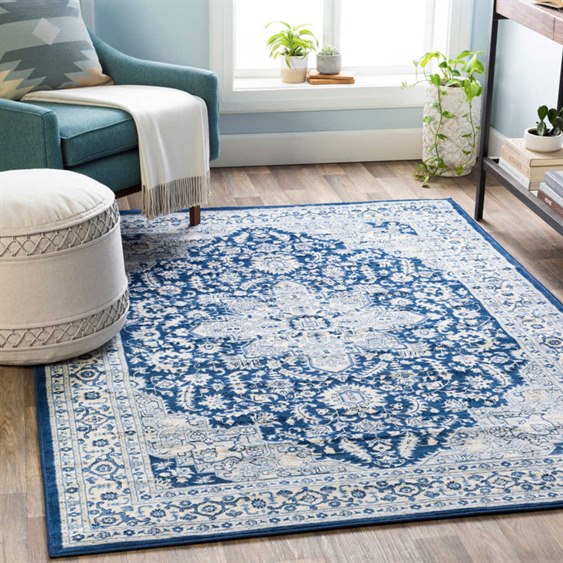 Surya Monaco Navy Bright Blue Cream Silver Gray Um Rectangular Area Rug