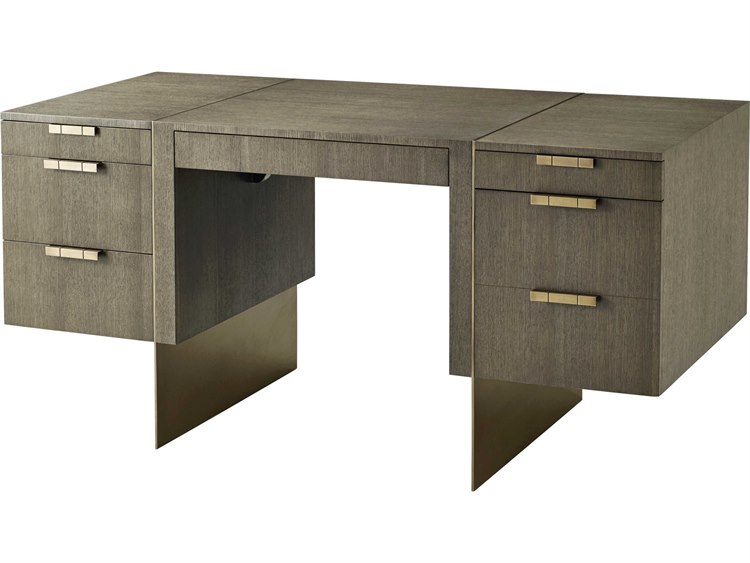 Theodore Alexander Quartered Oak Veneer With Basalt Credenza Desk