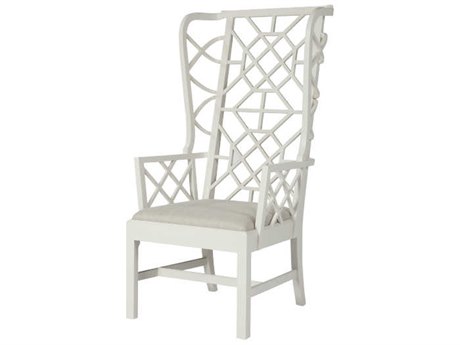 Theodore Alexander Mahogany Wood White Upholstered Arm Dining Chair