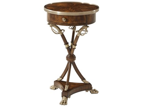 Theodore Alexander Althorp Living History Round Wood Flame Figured Veneer Brass End Table