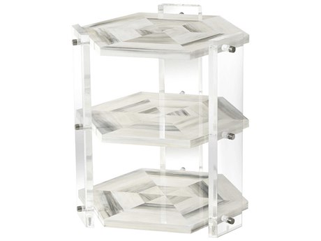 Theodore Alexander Biscayne Hexagon Wood Faux Horn Acrylic Polished Stainless Steel End Table