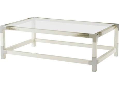 Theodore Alexander Modern Classic Square Tempered Glass Longhorn White Stainless Steel Coffee Table