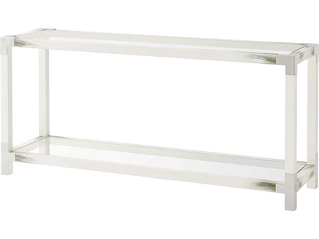 Theodore Alexander Modern Classic Rectangular Tempered Glass Faux Horn Stainless Steel Console Table