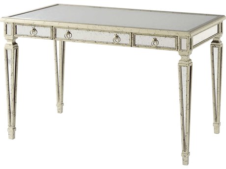 Theodore Alexander Eglomise Hand Mirrored Silver Leaf Acacia Wood Secretary Desk