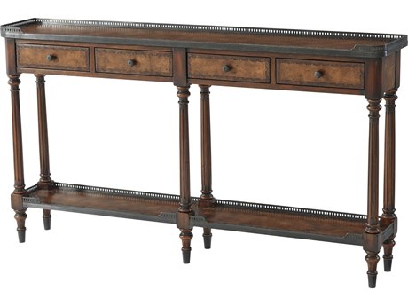 Theodore Alexander Essential Rectangular Buffalo Brown Leather Walnut Verdigris Brass Console Table