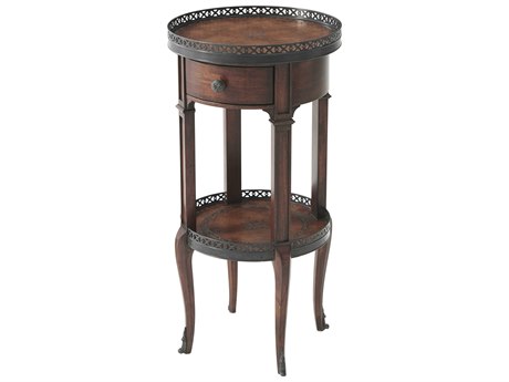 Theodore Alexander Essential Round Acacia Brown Leather End Table