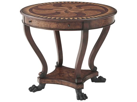 Theodore Alexander Essential Round Wood Poplar Burl Veneer Mahogany End Table