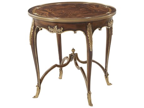 Theodore Alexander Essential Round Wood Mahogany Flame Figured Veneer Brass End Table