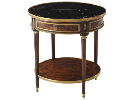 Theodore Alexander Essential Round White Veined Black Marble Flame Veneered Mahogany End Table