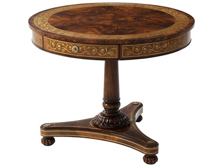 Theodore Alexander Essential Round Wood Flame Figured Veneer Mahogany End Table