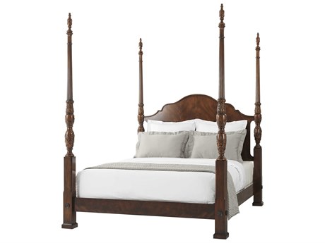 Theodore Alexander Essential Mahogany Swirl Brass Brown Wood Queen Poster Bed