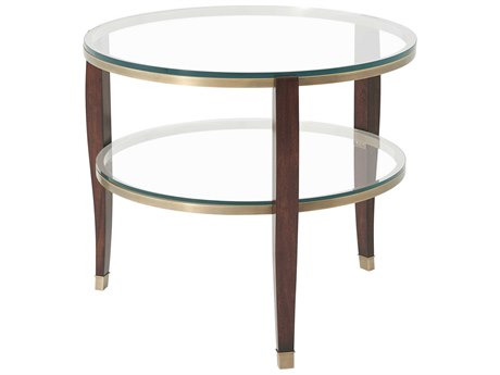 Theodore Alexander Vanucci Eclectics Round Tempered Glass Brass Mahogany End Table