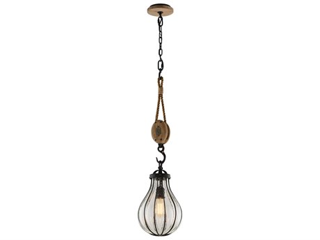 Troy Lighting Murphy 1-Light Vintage Iron With Rustic Wood Black Glass Globe Mini Pendant