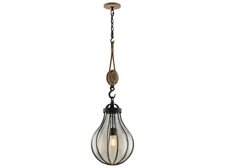 Troy Lighting Murphy 1-Light Vintage Iron With Rustic Wood Black Glass Globe Pendant