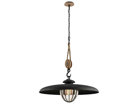 Troy Lighting Murphy 1-Light Vintage Iron Rustic Wood Black Glass Globe Pendant