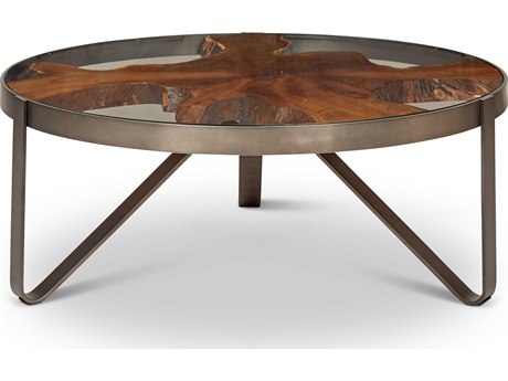 Urbia Ie Series Round Glass Teak Galvanized Gray Coffee Table
