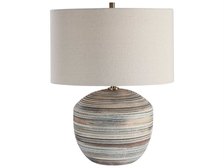 Photos - Floodlight / Street Light Uttermost Prospect Brown Taupe Cream Blue Round Drum Hardback Off White Table Lamp 28441-1 