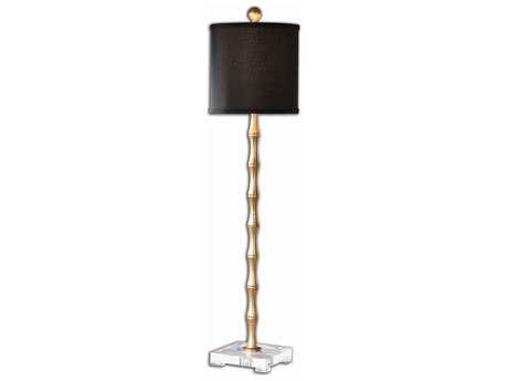 Uttermost Quindici Metal Bamboo Antiqued Gold Leaf Round Hardback Drum Crystal Buffet Lamp