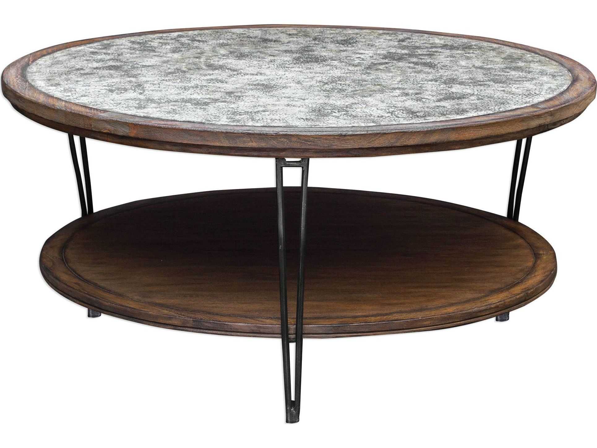 Carelton Industrial Modern Rustic Charcoal Oak Black Base Round Round Coffee Table 41 W 50 W Kathy Kuo Home