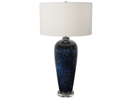 Uttermost Stargazer Crystal Glass Navy Cobalt White Round Hardback Drum Blue Buffet Lamp