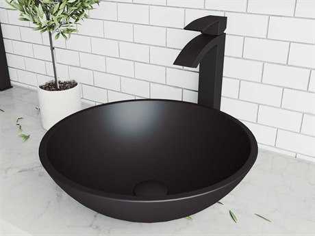 Vigo Cavalli Matte Shell 15" Round Vessel Bathroom Sink with Matte Black 1-Handle Duris Faucet and Pop-Up Drain