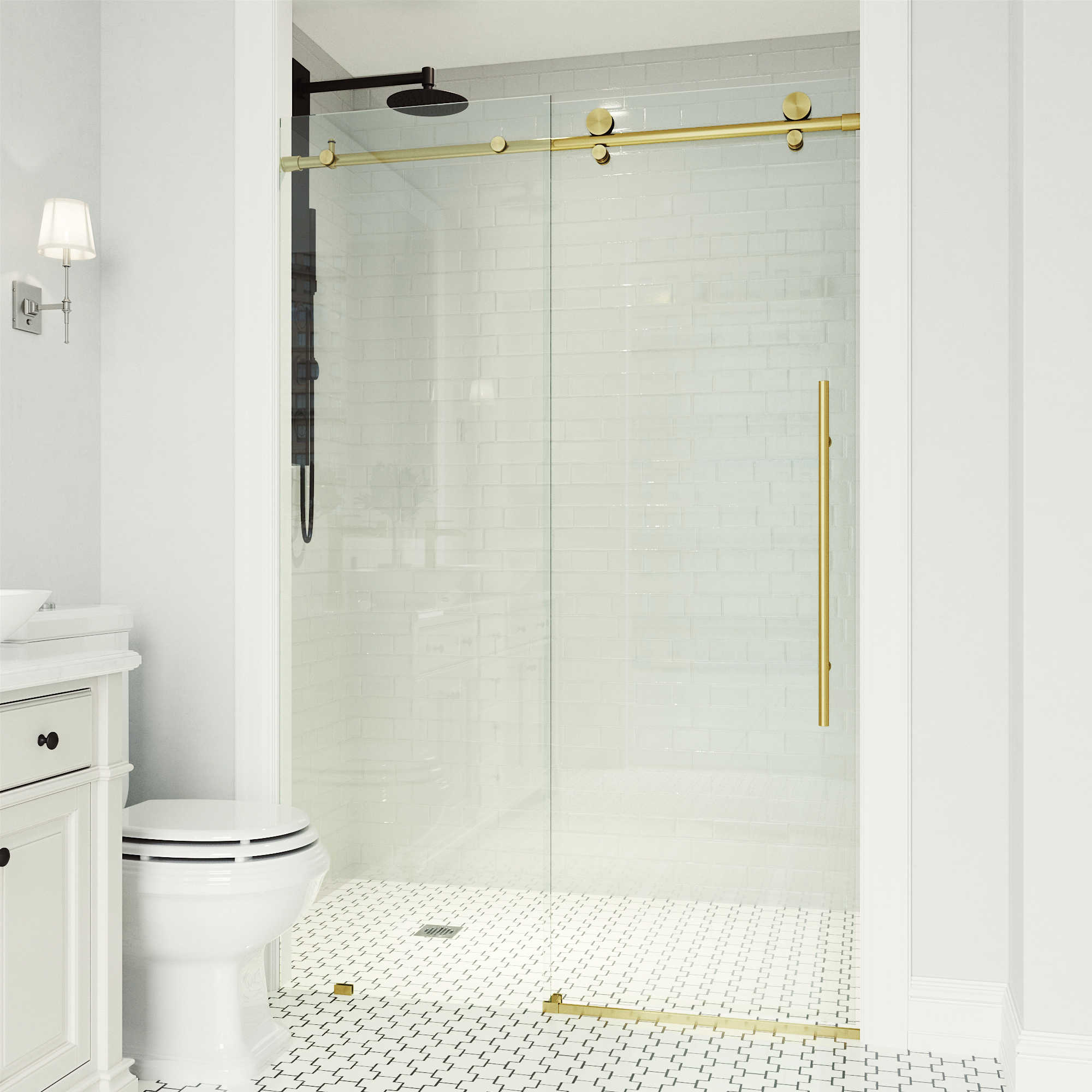 Vigo Elan Matte Gold 56'' Wide Clear Glass Frameless Sliding Shower