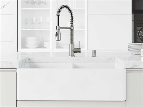 Vigo Matte Stone White 33'' Wide Rectangular Double-Basin Undermount Flat-Front Farmhouse Kitchen Sink with Stainless Steel Brant Pull-Down Spray ...