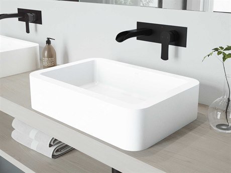 Vigo Petunia Matte White 23" Rectangular Vessel Bathroom Sink withMatte Black Single-Handle Cornelius Wall-Mount Faucet and Drain