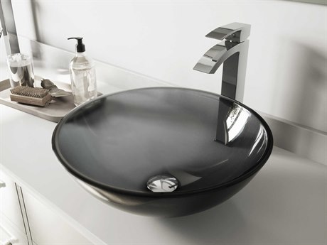 Vigo Sheer Black 17" Round Vessel Bathroom Sink with Chrome 1-Handle Duris Faucet and Drain