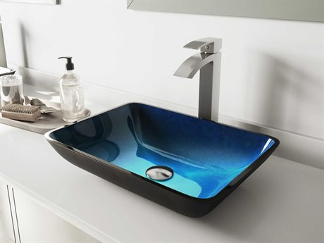 Vigo Turquoise Water 18" Rectangular Vessel Bathroom Sink with Brushed Nickel 1-Lever Duris Faucet and Drain