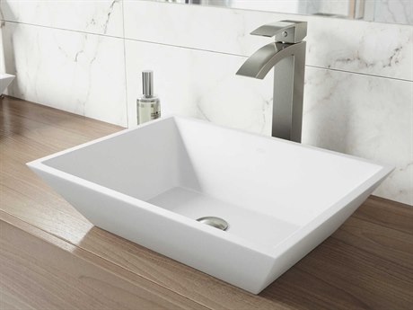 Vigo Vinca Matte White 18" Rectangular Vessel Bathroom Sink with Brushed Nickel 1-Handle Duris Faucet and Drain