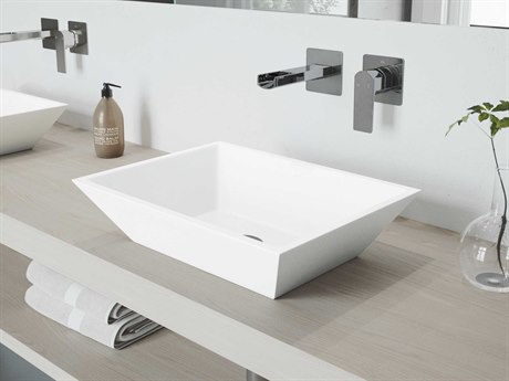 Vigo Vinca Matte White 18" Rectangular Vessel Bathroom Sink with Chrome Single-Handle Atticus Wall-Mount Faucet and Drain