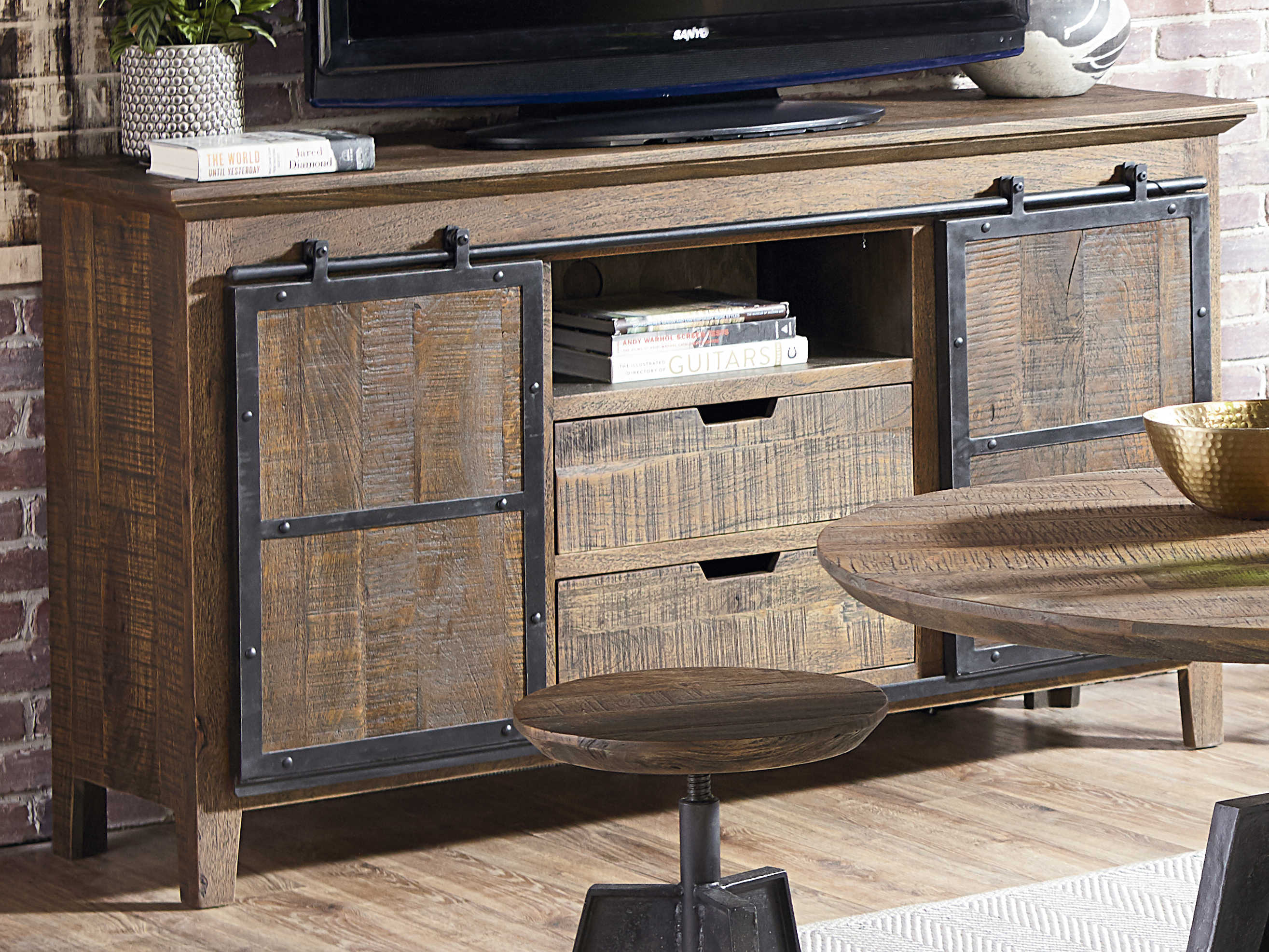 World Interiors Dakota Bandsaw Teak Distressed Black Tv Stand